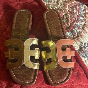 Sam Edelman Brown and Gold Slide Sandals size 9